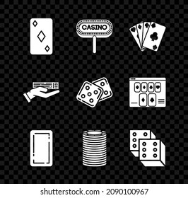 Set Playing card with diamonds symbol, Casino signboard, cards, back, chips, Game dice, Hand holding deck of playing and  icon. Vector