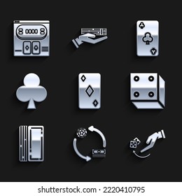 Set Playing card with diamonds symbol, Casino chips exchange stacks of dollars, Human hand throwing game dice, Game, Deck playing cards, clubs,  and Online poker table icon. Vector