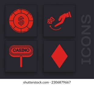 Set Playing card with diamonds symbol, Casino chip with dollar symbol, Human hand throwing game dice and Casino signboard icon. Vector