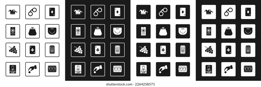 Set Playing card with diamonds, Wallet, Casino poker tournament invitation, Joker playing, Poker table, Handcuffs,  and slot machine grape icon. Vector