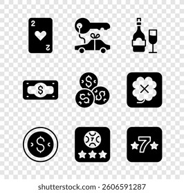 Set Playing card with heart, Car gift, Champagne bottle glass, Coin money dollar, Online poker table game, Casino slot machine, Stacks paper cash and chip icon. Vector