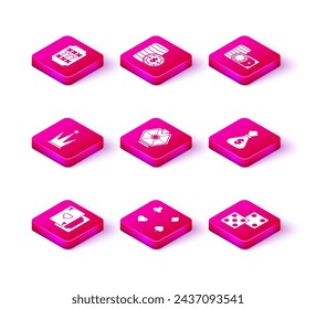 Set Playing card with heart, cards, Crown, Lucky wheel, Game dice, Money bag, Casino chips and stacks money cash and dollar icon. Vector