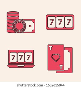 Set Playing card with heart, Casino chips and stacks money cash, Slot machine with lucky sevens jackpot and Online slot machine with lucky sevens jackpot icon. Vector