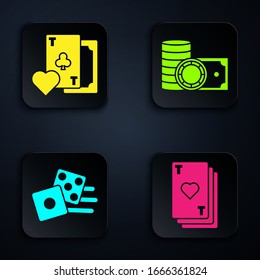 Set Playing card with heart, Playing card with clubs symbol, Game dice and Casino chips and stacks money cash. Black square button. Vector
