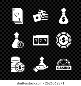 Set Playing card with heart, Game dice, Money bag, Casino chip dollar, Hand holding money, signboard, casino chips and Online slot machine lucky sevens jackpot icon. Vector