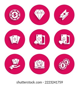 Set Playing card with heart, Online poker table game, Casino chip dollar, clubs symbol, Hand holding deck of playing cards, diamonds, Lottery ticket and  icon. Vector