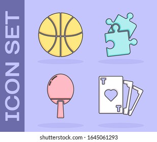 Set Playing card with heart symbol, Basketball ball, Racket for playing table tennis and Piece of puzzle icon. Vector