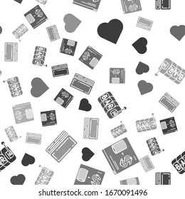 Set Playing card with heart symbol, Online casino chips exchange on stacks of dollars, Slot machine and Deck of playing cards on seamless pattern. Vector