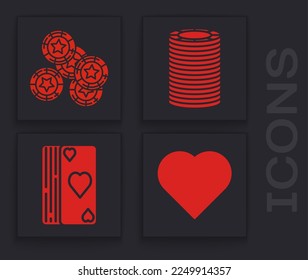 Set Playing card with heart symbol, Casino chips, Casino chips and Deck of playing cards icon. Vector