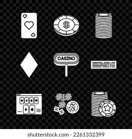 Set Playing card with heart symbol, Casino chip dollar, chips, Online poker table game, dice and glass of whiskey ice cubes, diamonds and signboard icon. Vector