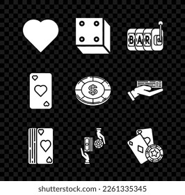 Set Playing card with heart symbol, Game dice, Slot machine, Deck of playing cards, Casino chips exchange on stacks dollars, and,  and  icon. Vector