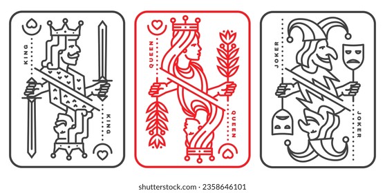 Set of playing card joker, queen, jack. Vector illustration. Esoteric, magic Royal playing joker, queen, jack design collection. Line art minimalist style