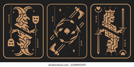 Set of playing card king, joker, ace. Vector illustration. Esoteric, magic Royal playing card king, joker, ace design collection. Minimalist style.