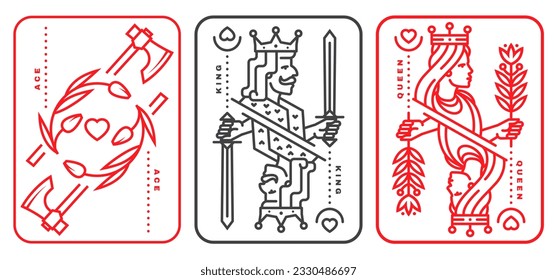 Juego de cartas de juego rey, reina, as. Ilustración vectorial. Esotérico, mágico rey real de cartas de juego, reina, colección de diseño de as. Estilo minimalista de arte de línea