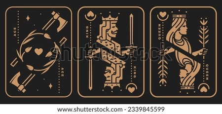 Set of playing card king, queen, ace. Vector illustration. Esoteric, magic Royal playing card king, queen, ace design collection. Minimalist style.