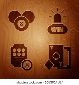 Set Playing card with spades, Billiard pool snooker 8 ball, Online slot machine and Casino win on wooden background. Vector