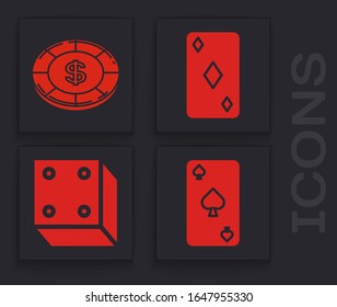 Set Playing card with spades symbol, Casino chip with dollar symbol, Playing card with diamonds symbol and Game dice icon. Vector