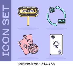 Set Playing card with spades symbol, Casino signboard, Casino chip and playing cards and Casino chips exchange on stacks of dollars icon. Vector