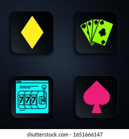 Set Playing card with spades symbol, Playing card with diamonds symbol, Online slot machine with lucky sevens jackpot and Playing cards. Black square button. Vector