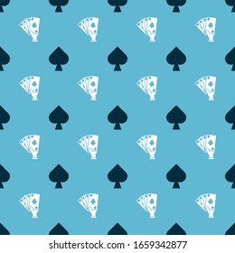 Set Playing card with spades symbol and Hand holding playing cards on seamless pattern. Vector
