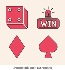 Set Playing card with spades symbol, Game dice, Casino win and Playing card with diamonds symbol icon. Vector