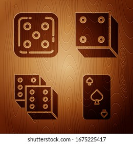 Set Playing card with spades symbol, Game dice, Game dice and Game dice on wooden background. Vector