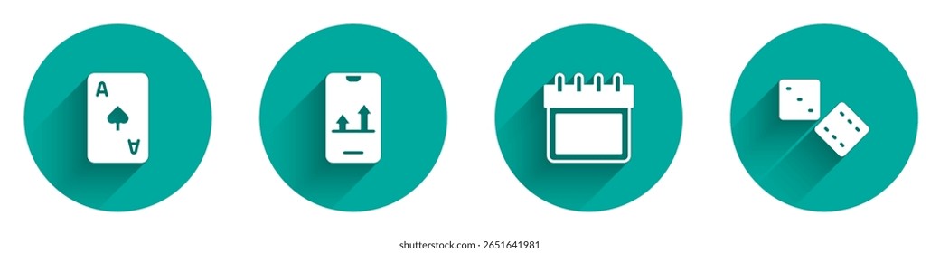 Set Cartão de jogo com símbolo de espadas, apostas esportes online, Calendário e jogo ícone de dados com sombra longa. Vetor