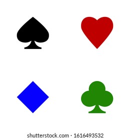 Set playing card suits in 4 colors. Diamonds blue, clubs green, hearts red, spades black. Isolated illustration on white background. Flat style. Vector stock image