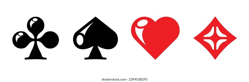 Set of playing card suits in black and red. Diamonds, Hearts, Clubs, Spades for trump cards on a transparent background