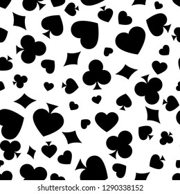 Set of playing card suits. Four card suits. Spades, clubs, diamonds, hearts. Seamless background pattern - Illustration