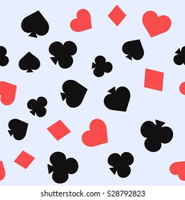 Set of playing card suits. Four card suits. Spades, clubs, diamonds, hearts. Seamless background pattern