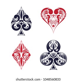 
Set of playing card suits. Isolated on white background. Four card suits. Spades, clubs, diamonds, hearts. Vintage decorative symbols