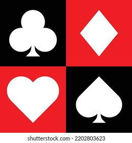 Set of playing card suits isolated on white background. Set of suits deck of cards for playing poker and casino. Vector illustration. Simple Black and White Spade 
club heart diamond Ace Poker Casino.