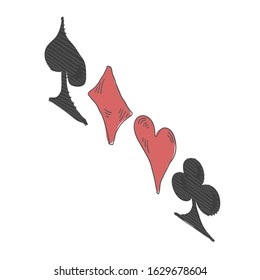 Juego de trajes de cartas de juego. Vista isométrica. Doodle vectorial aislado en fondo blanco