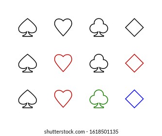 Set of playing card suits, no fill. One, two and four colors. Diamonds, clubs, hearts and spades. Isolated illustration on white background. Flat style. Vector stock image