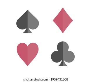 Set playing card suits. Two colors black and red, diamonds, clubs, hearts, spades. Square size. For poker, logos and icons. Isolated illustration on white background. Flat style. Vector stock image