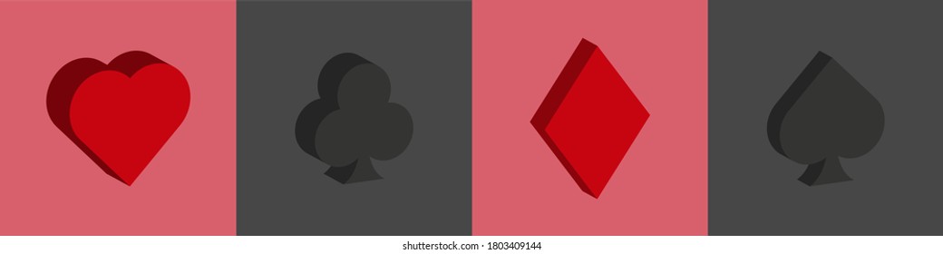 Set of playing card symbols in 3D style. Vector icons. Poker cards. Heart, diamond, spade, club.