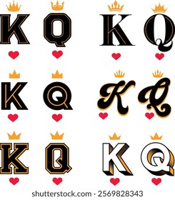 A set of playing card symbols including the King, Queen, and King of Hearts, with crowns, hearts, and other decorative elements