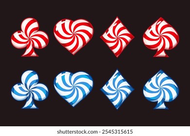 Set of playing card symbols like lollipops or cady for your game and slot machines. Red and blue candy playing card symbols- clubs, diamonds , hearts and spades