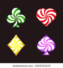 Set of playing card symbols like lollipops or cady for your game and slot machines. Colored candy playing card symbols- clubs, diamonds , hearts and spades