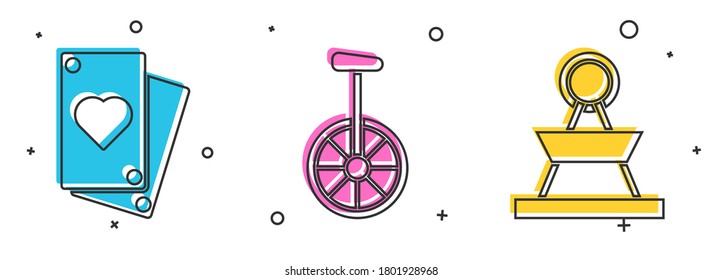 Set Playing card, Unicycle or one wheel bicycle and Attraction carousel icon. Vector