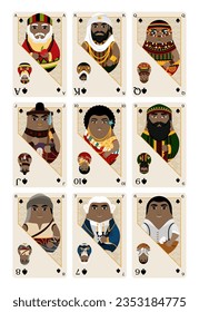 Set of playing cards according to the suit of spades. Original design in the style of a Tilting Toy. The symbol of entertainment is poker, blackjack, casino. Vector illustration
