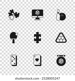 Set Playing cards, Billiard balls triangle, Game dice, Puzzle pieces toy, Bowling pin and,  and Racket icon. Vector