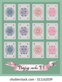 set of playing cards for board games. Cards are in pop art and comics style. Pack consist of 3 parts: 1- numbers from six to ten; 2- queens and Jacks; 3-kings and aces