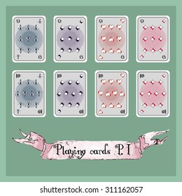 set of playing cards for board games. Cards are in pop art and comics style. Pack consist of 3 parts: 1- numbers from six to ten; 2- queens and Jacks; 3-kings and aces