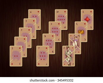 set of playing cards for board games. Cards are in pop art and comics style. Pack consist of 4 parts: diamonds; hearts;  spades; clubs.Composition with playing cards for board games.