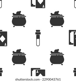Set Playing cards, Bottle with love potion and Witch cauldron on seamless pattern. Vector