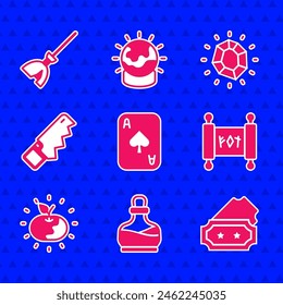 Juego de cartas, Botella con poción, Ticket, pergamino mágico, manzana venenosa, sierra de mano, piedra y el icono de la escoba de brujas. Vector