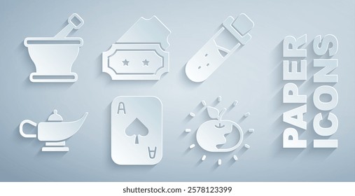 Set Playing cards, Bottle with potion, Magic lamp or Aladdin, Poison apple, Ticket and Mortar and pestle icon. Vector