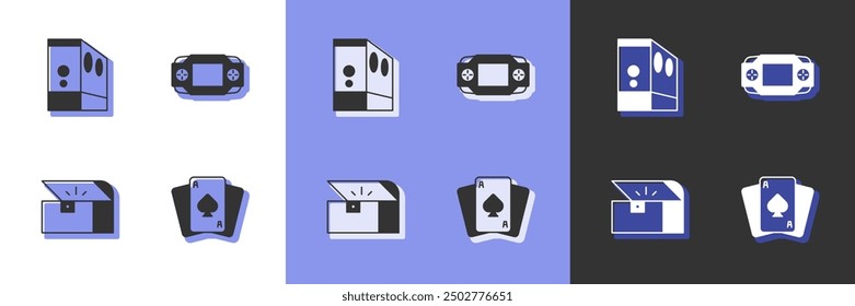 Set Playing cards, Case of computer, Chest for game and Portable video console icon. Vector